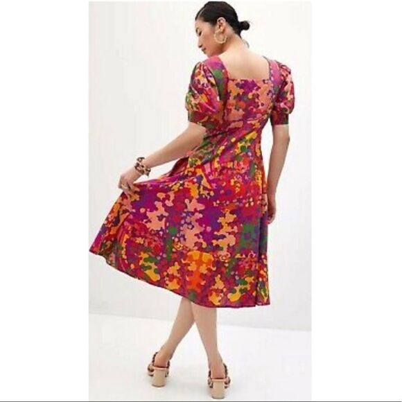Anthropologie Roopa Pemmaraju Puff Sleeve Square Neck Floral Midi Dress Size XS - Picture 3 of 6